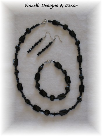 Black Necklace, Bracelet, and Earrings-black, jewelry, necklace, bracelet, earrings
