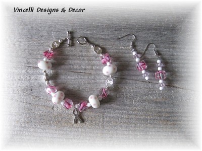 Breast Cancer Ribbon Bracelet & Earrings-breast cancer, bracelet, earrings, pink,