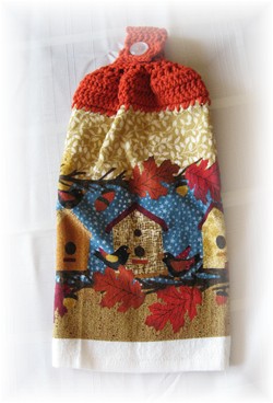 Crocheted Hand Towel -  Fall Birdhouse-crochet, hand towel, towel, fall, leaves, birdhouse