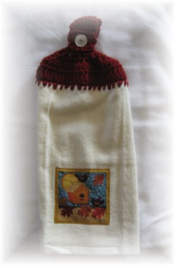 Crocheted Hand Towel - Fall Birdhouse Red-kitchen, birdhouse, fall, autumn, hand towel, towel,