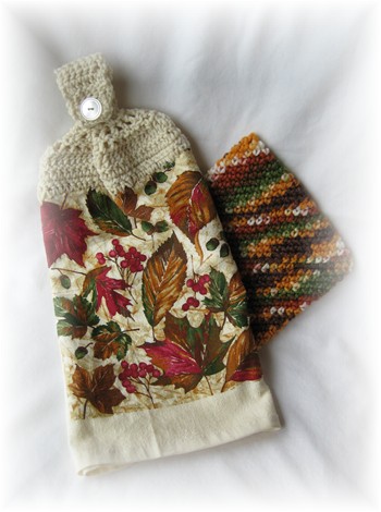 Crocheted Matching Hand Towel & Pot Holder - Fall Leaves 2-hand towel, kitchen, pot holder, fall, autumn, leaf, leaves