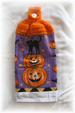 Crocheted Hand Towel - Pumpkins with Black Cat-pumpkins, black cat, cat, halloween, hand towel, towel, kitchen,