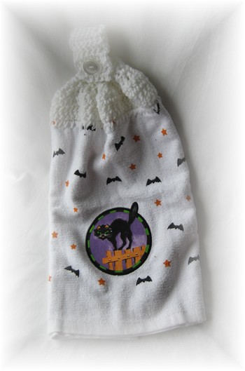 Crocheted Hand Towel - Black Cat w/ Bats-hand towel, halloween, kitchen,