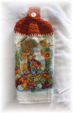 Crocheted Hand Towel - Fall Scarecrow Orange-kitchen, hand towel, towel, pumpkin, fall, autumn, thanksiving, scarecrow,