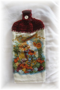 Crocheted Hand Towel - Fall Scarecrow Red-kitchen, towel, hand towel, scarecrow, autumn, fall, pumpkin, 