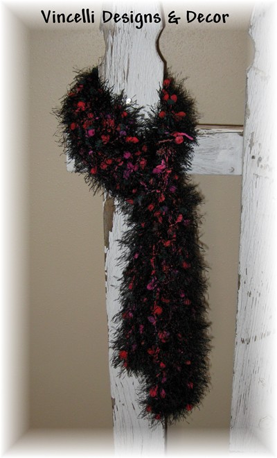 Fancy Fur Scarf - Black with Red/Pink/Green Puffs-scarf, knit, knitted, fancy fur, black