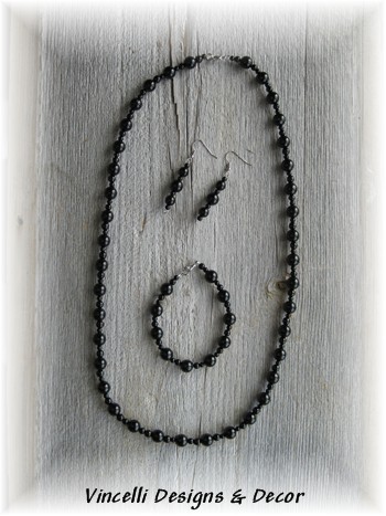 Black Round Necklace, Bracelet, and Earrings