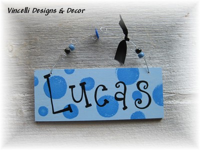 Handpainted Wood Plaque - Dots Name in Blue