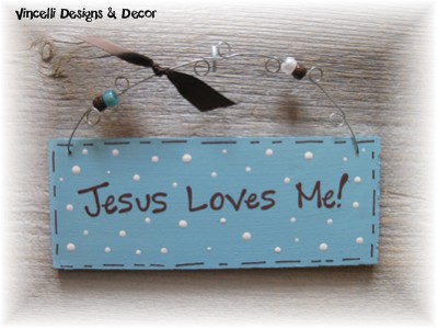 Handpainted Wood Plaque - Jesus Loves Me (Blue)
