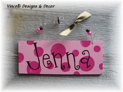 Handpainted Wood Plaque - Dots Name in Pink