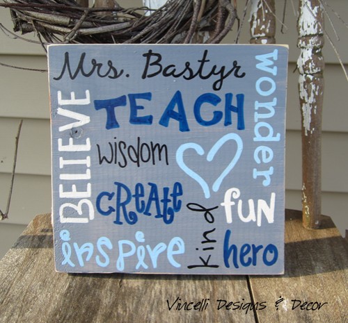 Wood Plaque - Teacher Word Collage - Blue