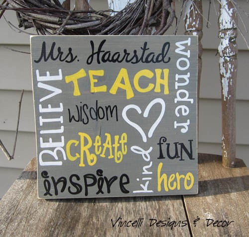 Wood Plaque - Teacher Word Collage - Gray with Yellow