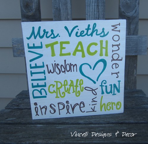 Wood Plaque - Teacher Word Collage - White
