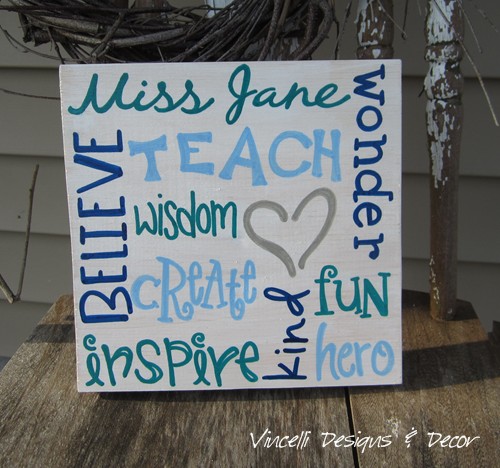 Wood Plaque - Teacher Word Collage - White & Blues